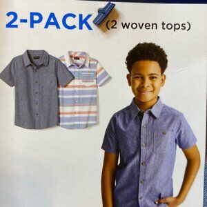 French Toast Boys Short Sleeve Woven Shirts 2 Pack, Denim/Blue Raffia Stripe